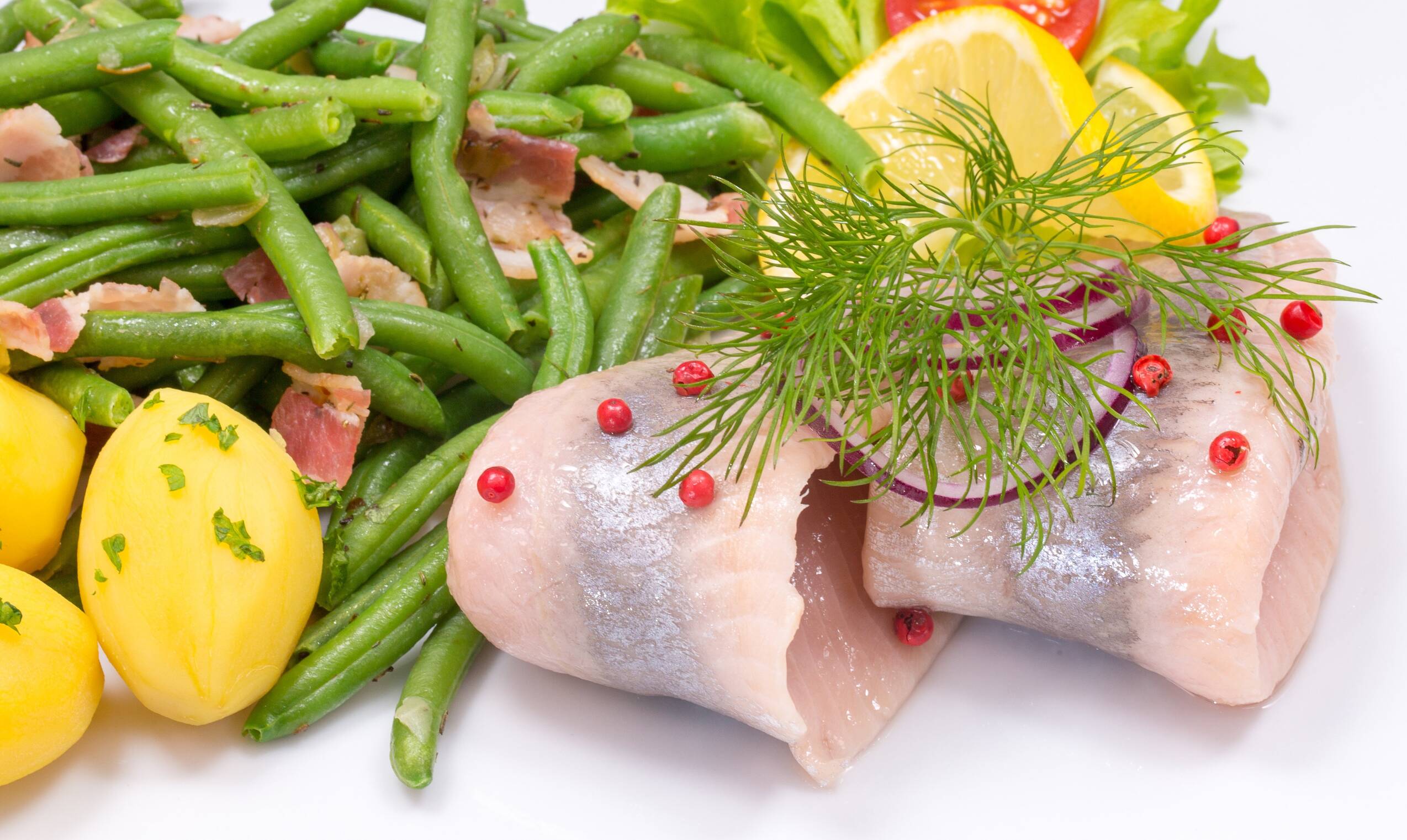 salt potatoes, fish, beans, bacon, maties, herring, nature, food