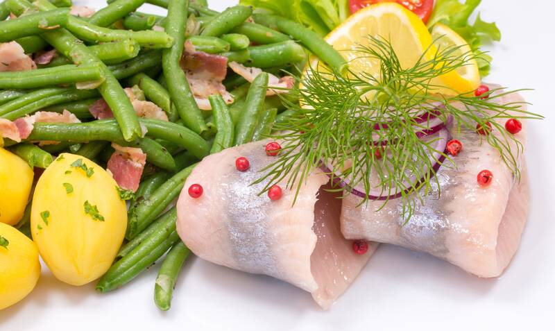 salt potatoes, fish, beans, bacon, maties, herring, nature, food
