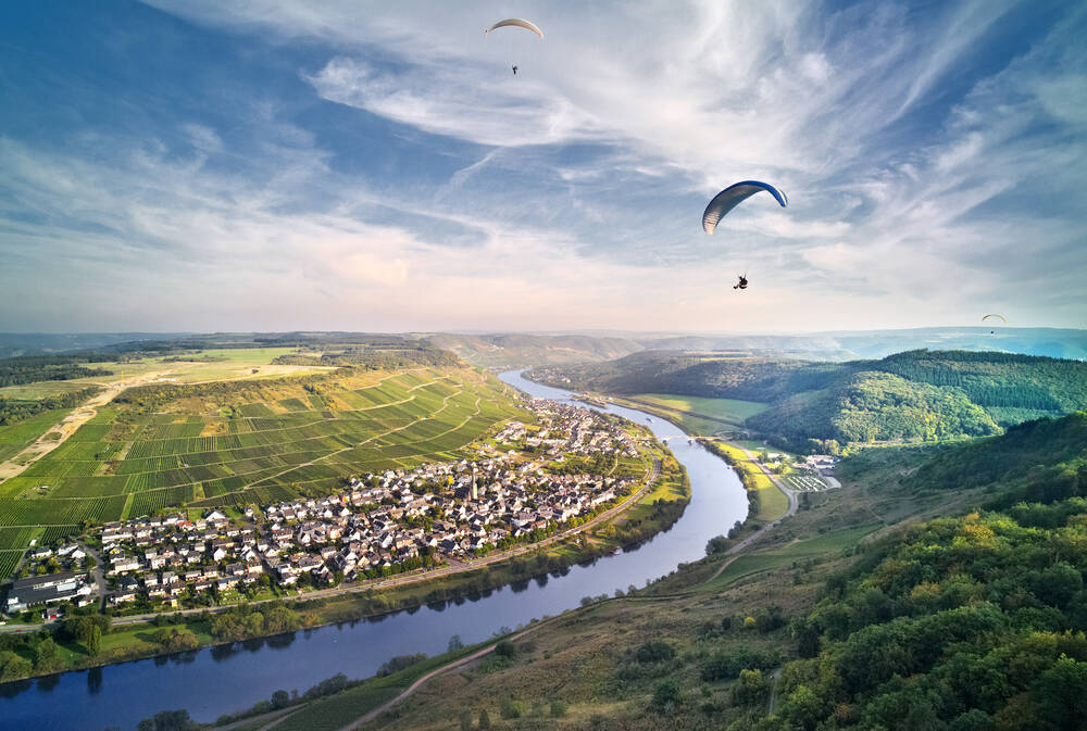 Zwei Gleitschirmflieger fliegen bei Zeltingen-Rachtig über die Mosel.