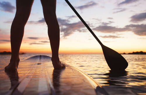 Ein SUP-Fahrer paddelt stehend dem Sonnenuntergang entgegen.