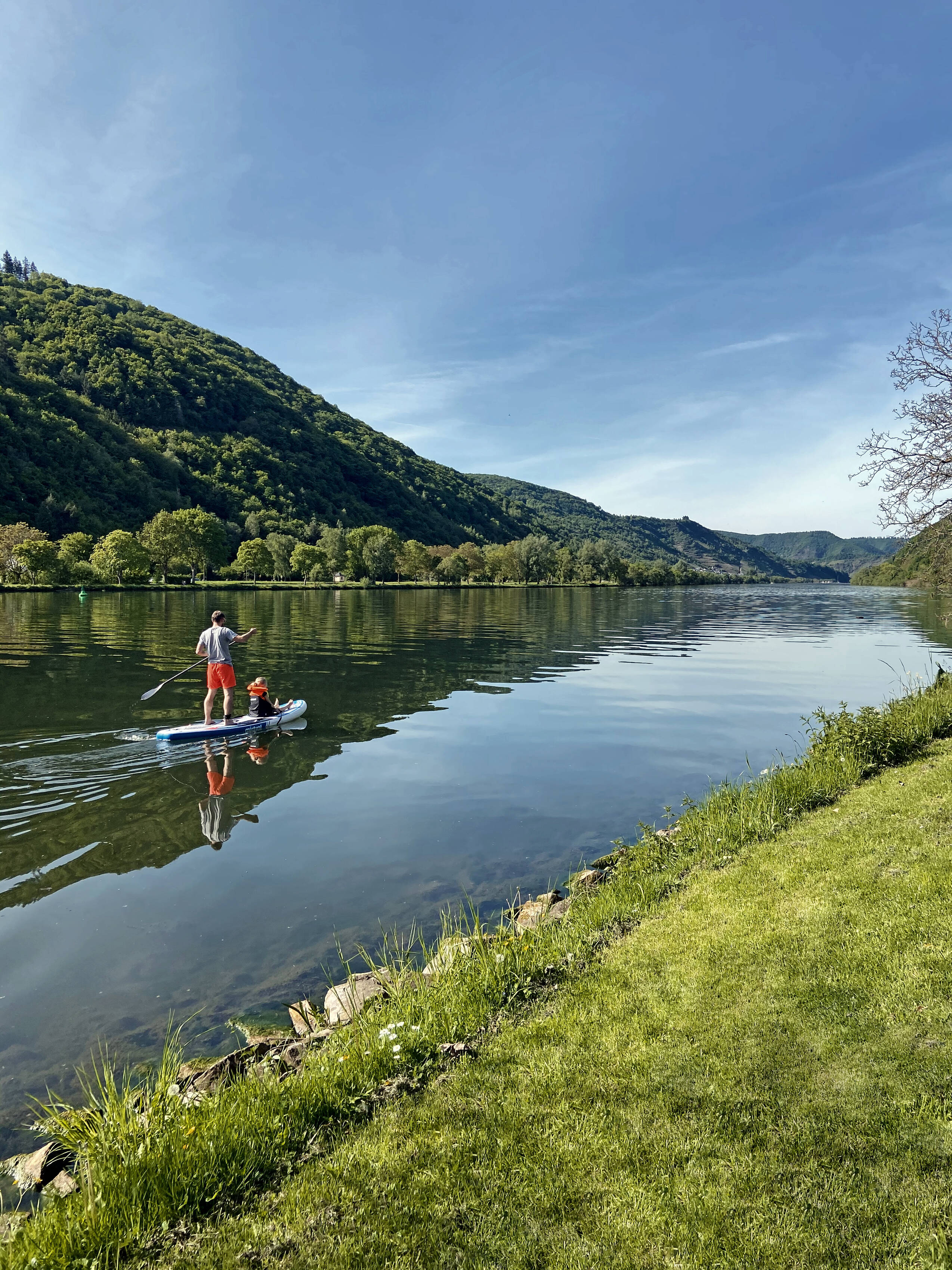 Ein Mann in sommerlicher Kleidung steht auf einem Stand Up Paddle Board. Vor ihm sitzt ein Kind. Sie fahren auf der ruhigen Mosel. Das Wasser ist spiegelglatt, die Böschung grün, der Himmel blau.