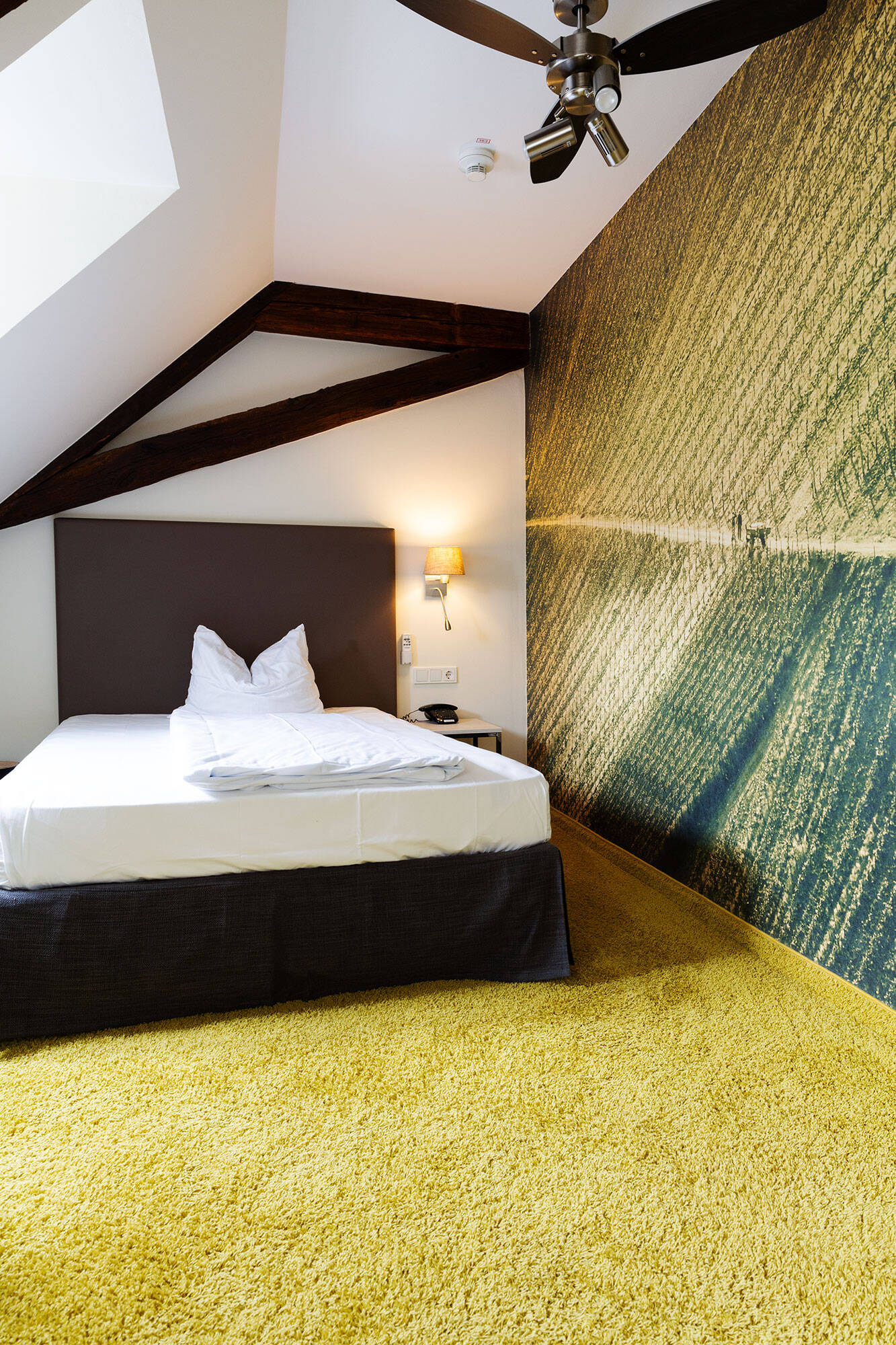Ein großes Einzelbett steht in einem kleinen, gemütlichen Raum. Der Raum ist mit einer Fototapete von Weinbergen und einem knallig grünen Teppich ausgestattet. In der Ecke des Raums ragen alte Holzbalken aus der Decke.