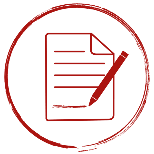 Icon mit einem stilisierten Vertrag und einem Stift, der eine Unterschrift setzt.